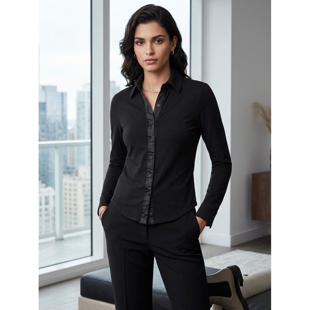 Armani Exchange Womens Black Long Sleeve Button Down Shirt Satin Trim XS
